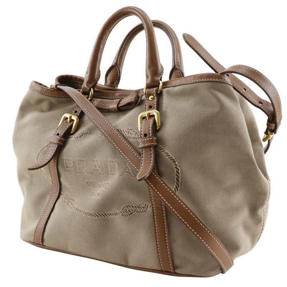 Prada Logo 2WAY Shoulder Bn1841 Canvas And Leather Beige Ladies Handbag - Picture 2 of 10